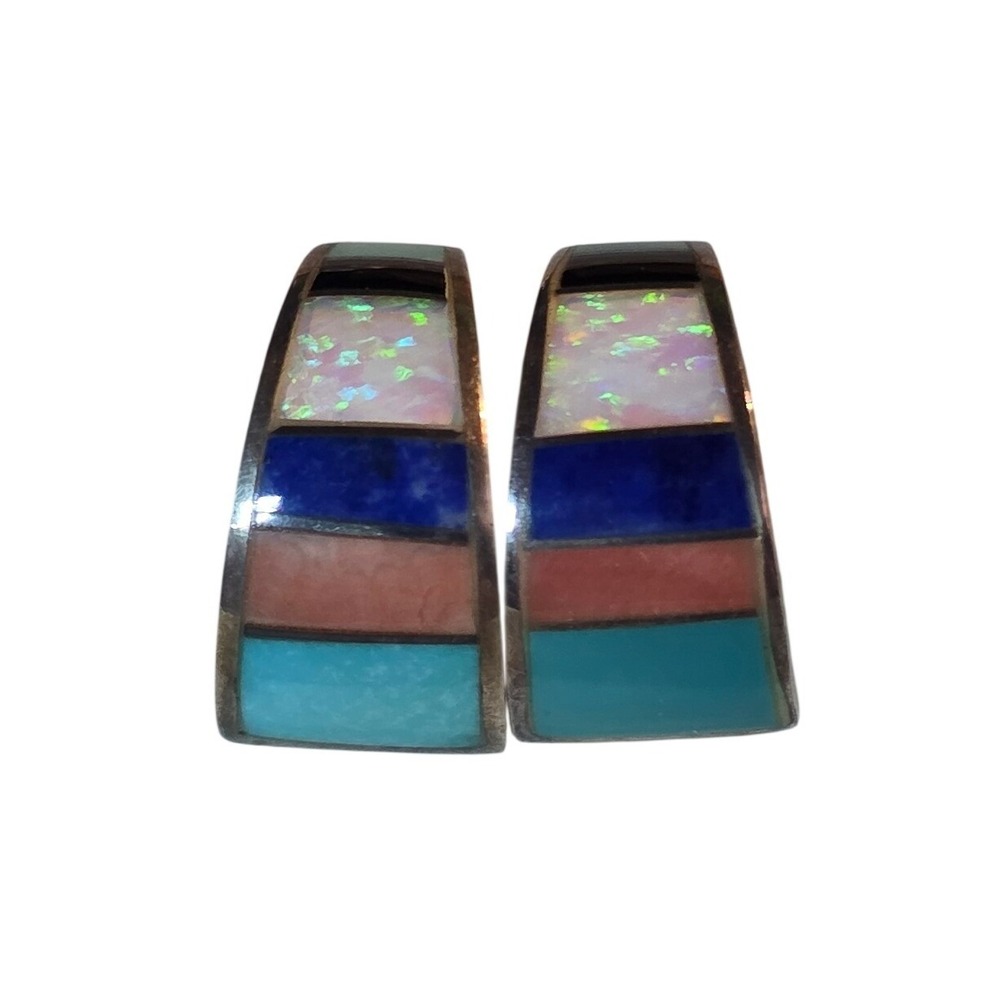 Zuni Sterling Silver Multi-Stone Inlay‎ Half Hoop Earrings Opal Lapis Coral